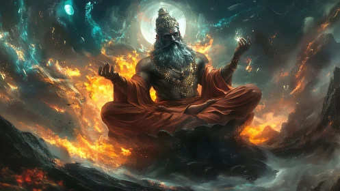 Cosmic sage weaves fire and starlight in serene balance