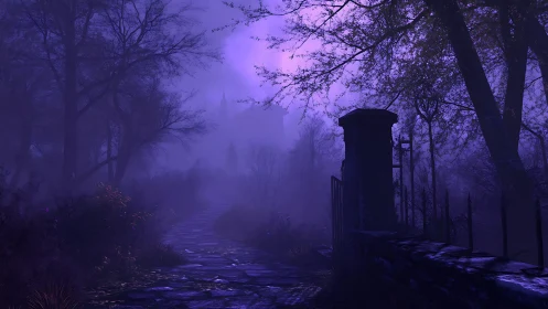 Foggy forest path leads toward distant haunted tower