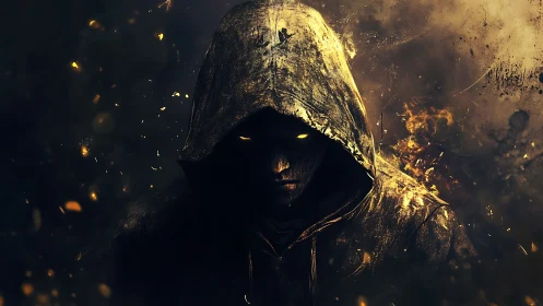 Hooded figure with glowing eyes emerges from burning shadows