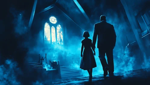 Silhouetted pair walking into eerie blue lit church.