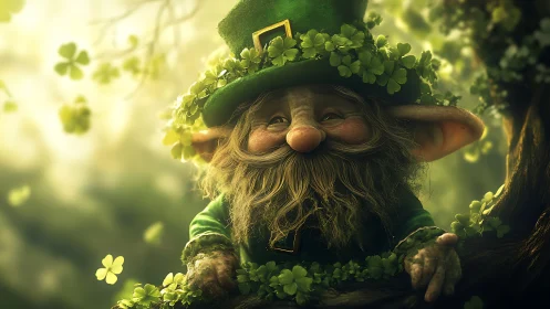 Leprechaun character leans on tree branch in clover forest