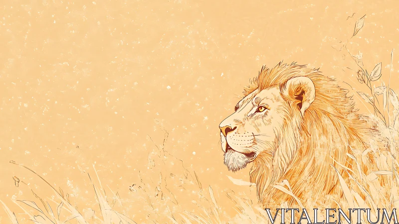 Calm lion gazes across a sunlit savanna in quiet focus