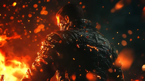 Fiery figure consumed by molten flames and ember particles