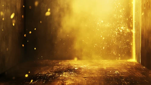 Golden portal room drenched in drifting luminous particles.
