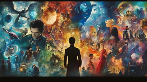 Silhouetted viewer surveys sprawling multiverse fantasy mural