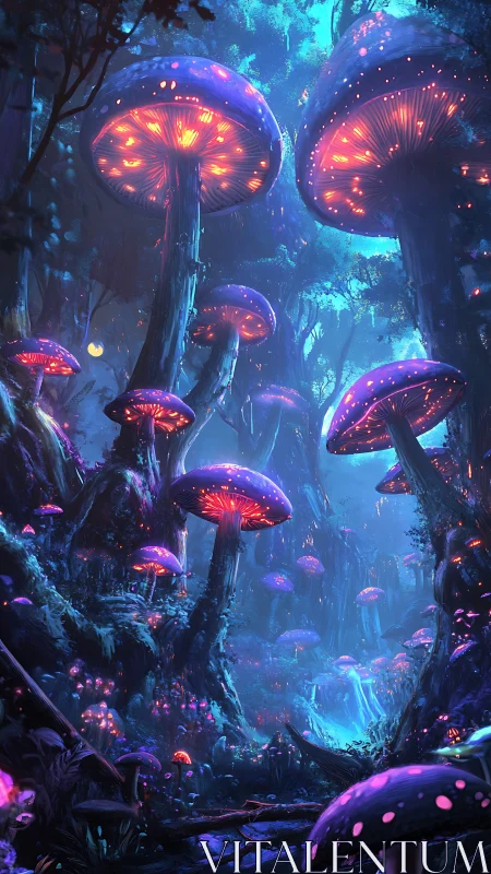 Bioluminescent mushroom forest under saturated cyan-blue night