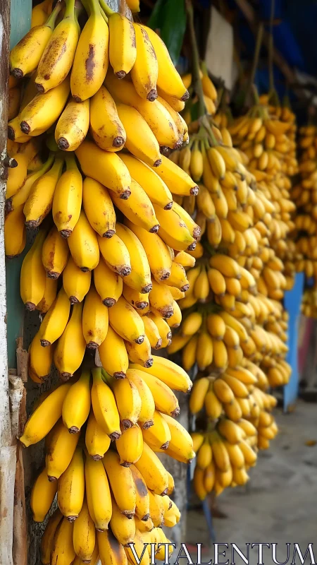 Banana bunches in vertical market display with shallow focus.