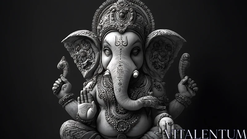 Digital sculpture of ornate Ganesha idol in grayscale relief.