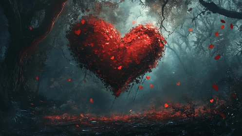Luminous Heart Suspended in Mystical Forest Darkness.