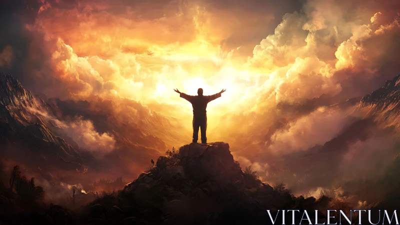 Silhouette embraces blazing sunrise over epic mountain valley.