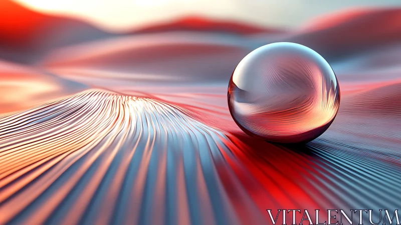 Glistening glass sphere resting on glowing pastel waves.