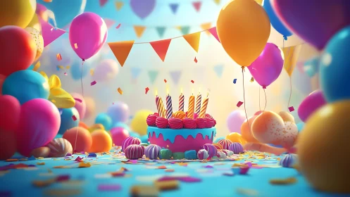 Rendered Birthday Scene with Layered Balloons and Decorative Confetti Display