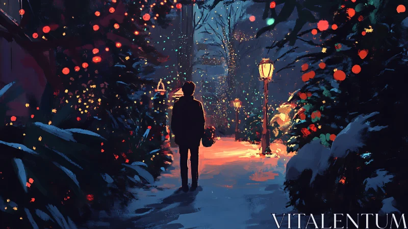 Silhouetted figure walks through glowing winter garden path