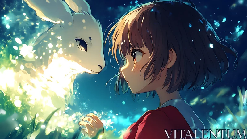 Starlit girl meets luminous spirit rabbit in quiet wonder.