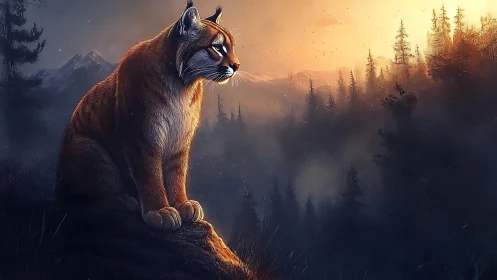 Mountain Cougar at Dawn in Alpine Wilderness.