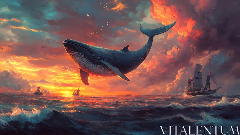 Majestic whale ascends above storm-lit sunset seas