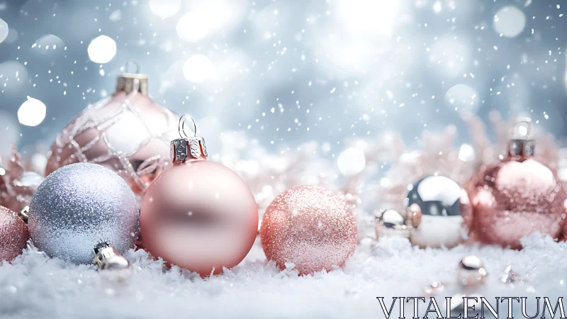 Pink and silver Christmas baubles in snow with soft bokeh.