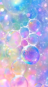 Iridescent soap bubble cluster with luminous bokeh field.