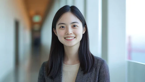 Confident young professional woman in modern office hallway portrait.