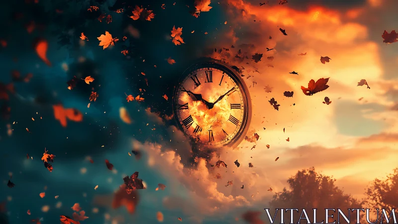 Falling leaves swirl around a glowing clock in shifting sky
