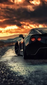 Aerodynamic sports coupe on wet rural asphalt at sunset.