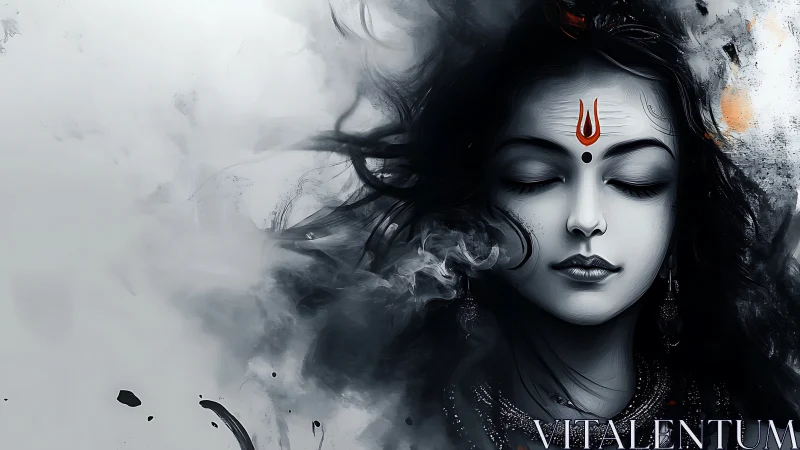 Silent goddess inhales swirling smoke and exhales moonlight