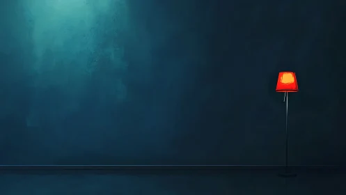 Scarlet floor lamp punctuates a brooding teal silence.