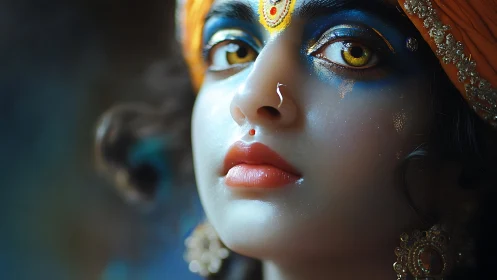 Close portrait of stylized figure with blue facial paint.