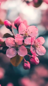 Pink flowering branches bloom with delicate petals and water droplets.