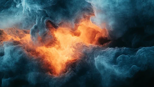 Abstract fiery cloud formation with contrasting cool vapor.