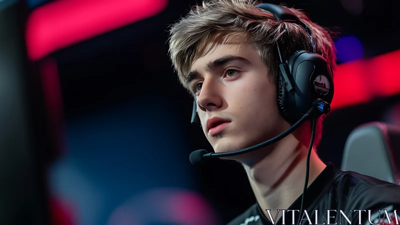 Young headset user sits at gaming station under stage lighting