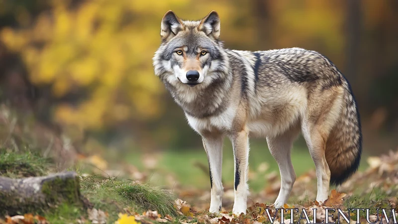 Grey wolf stands alert amid soft autumn forest bokeh.