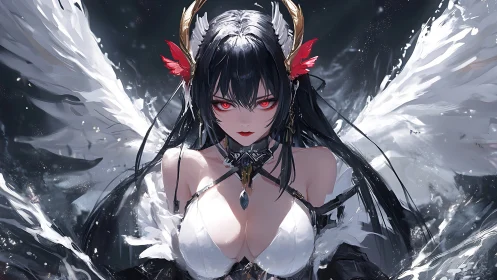 Fierce winged heroine rises from swirling water in moonlight