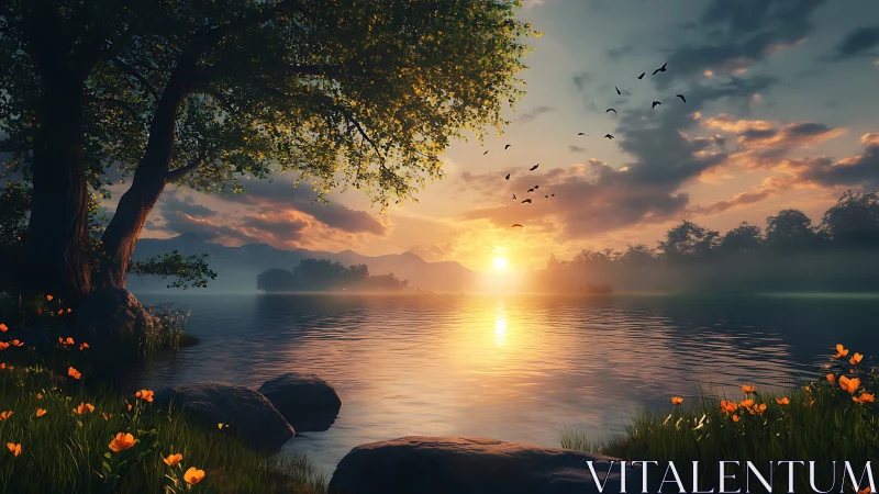 Lakeside golden hour panorama with flowering shoreline.