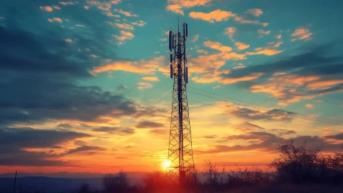 Cell tower structure against vivid rural sunset sky.