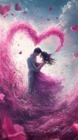 Ethereal Romance: Pink Heart Explosion with Embracing Couple.