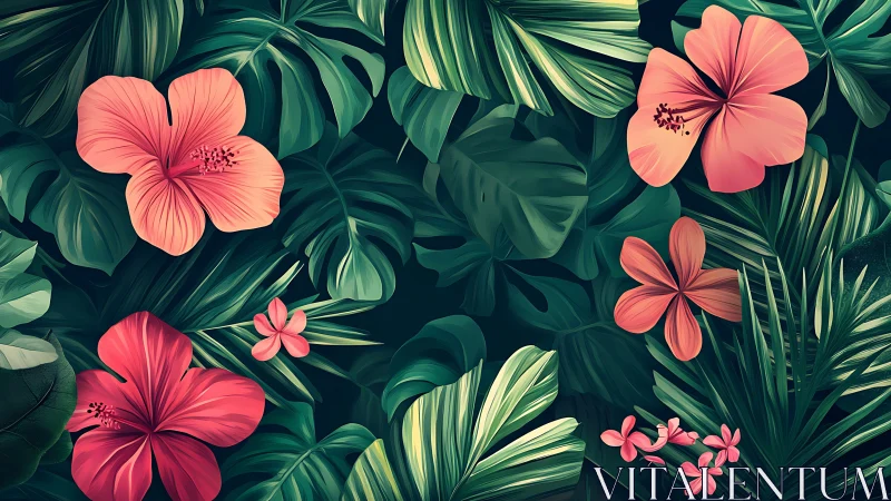 Tropical Hibiscus Flowers with Green Foliage.