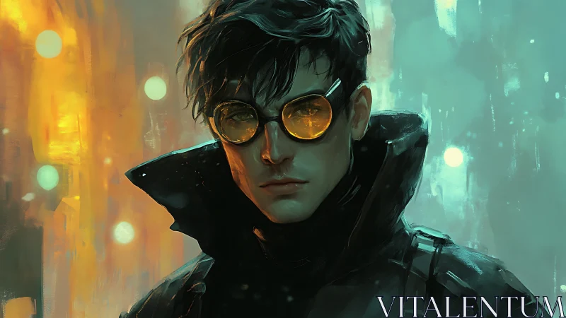 Male figure in dark coat with yellow glasses at night.