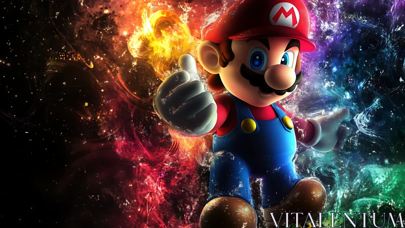 Stylized game character against multicolor cosmic field.