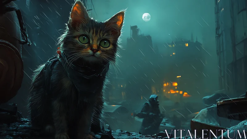 Noir Feline Subject Against Cyberpunk Urban Dystopia with Procedural Storm Effects