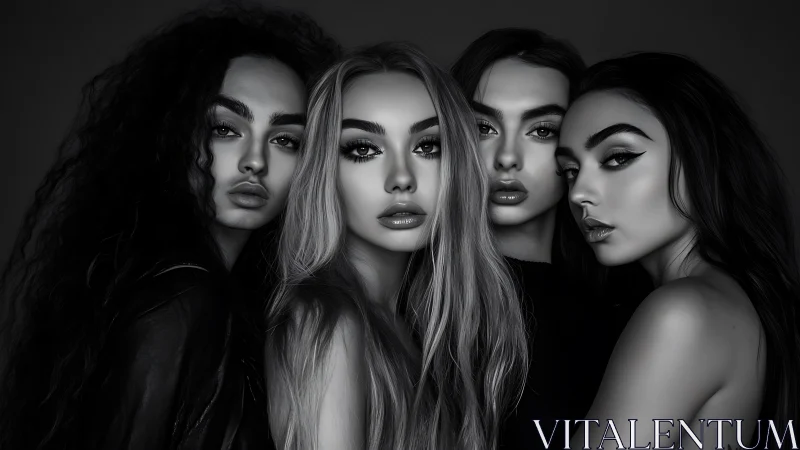 Four Stylish Women in Dramatic Black and White Portrait.