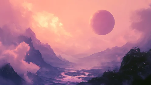 Pink alien valley under large distant planet at dusk.