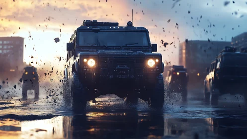 Armored convoy powers through stormy urban battleground streets