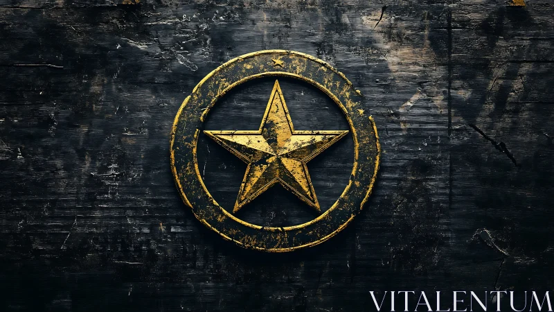Worn golden star emblem on dark distressed background.