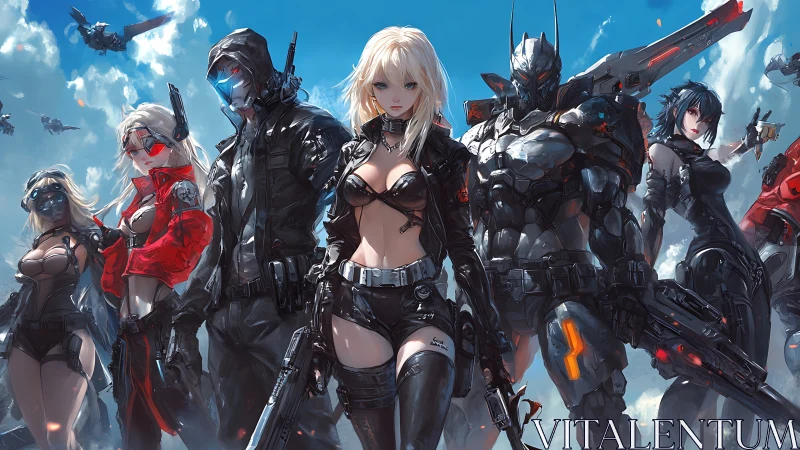 Cybernetic strike squad dominates burning azure skyline.