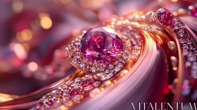 Sparkling Pink Gemstone in Abstract Swirl of Gold and Diamonds.