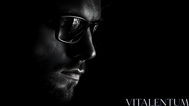 Low key male portrait in side profile with reflective glasses