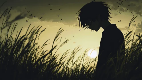 Silhouetted dreamer drifts through dusk-laced grass and memory