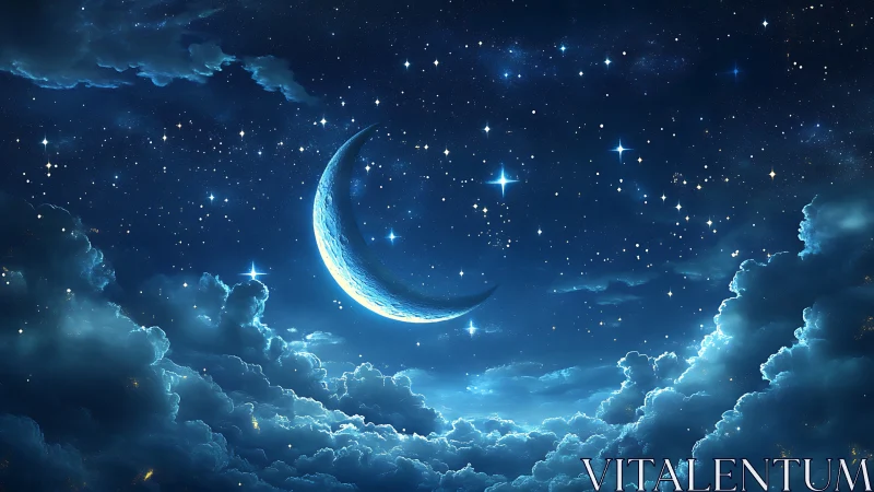 Digital painting of crescent moon amid luminous cloud strata.