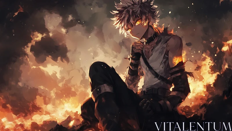 Ember-eyed warrior resting in a storm of rising firelight.